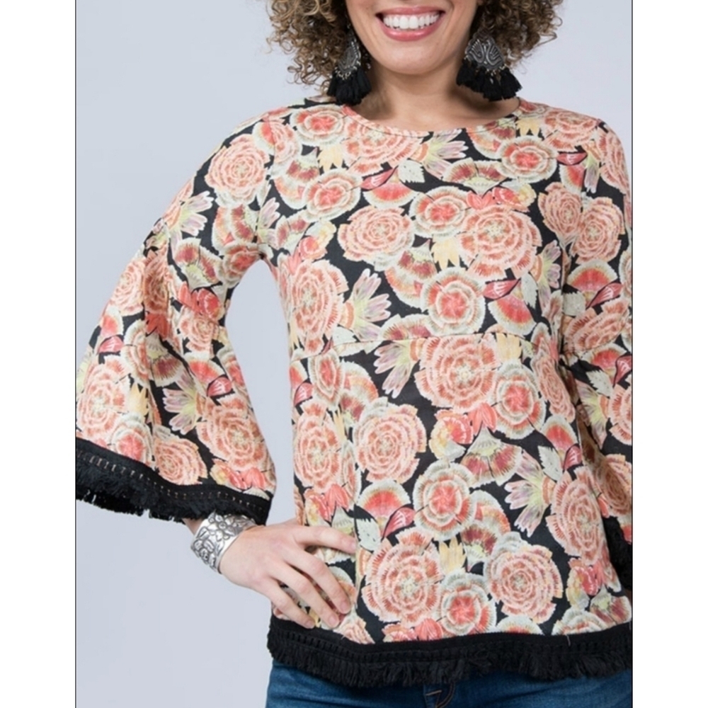 IVY JANE Whimsical Floral Bell Sleeve Top with Fringe Trim XS Bohemian